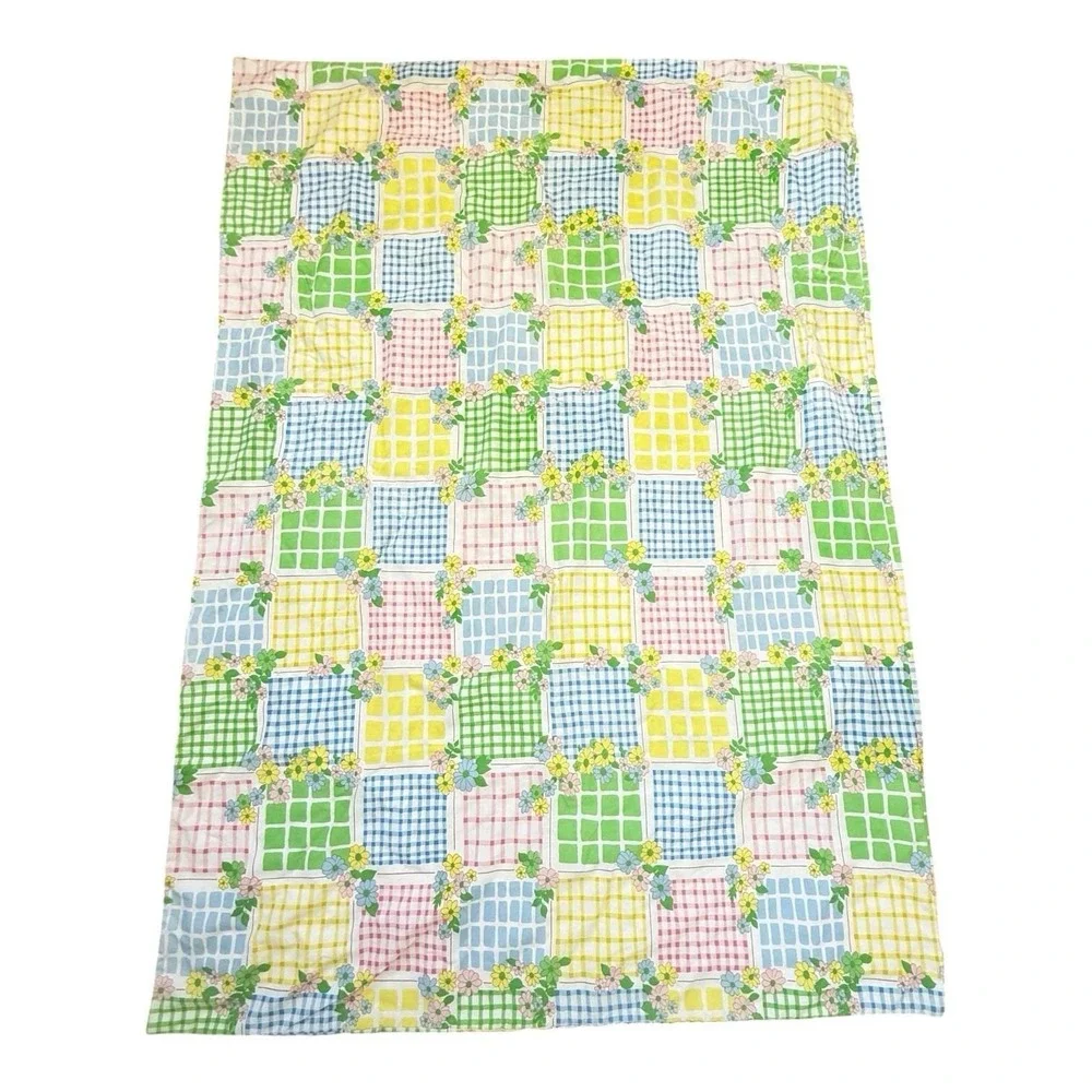Vintage Quilt Blanket 65x45 Floral Gingham Patchwork Tied Pastel Nursery Retro